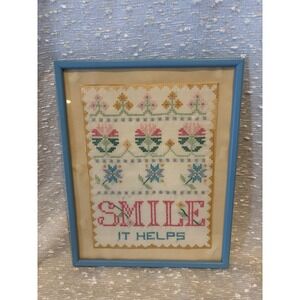 Vintage Hand Made Cross Stitch Sampler Linen Framed Arts & Craft Smile‎ It Helps